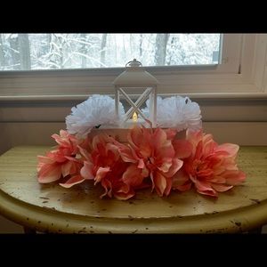 Crate and lantern centerpiece with orange flowers